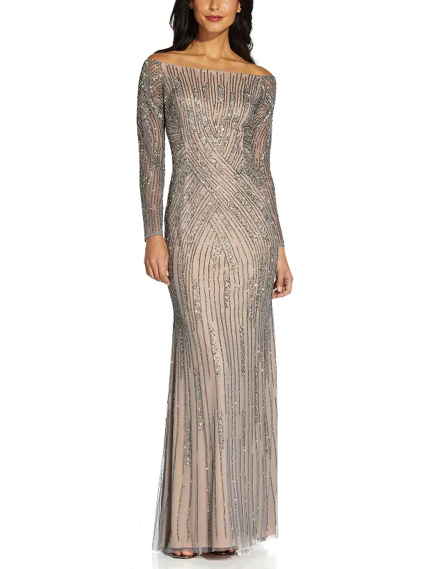 Trendy Yellow Party Dress for Summer Nights -Womens Beaded Off-The-Shoulder Evening Dress