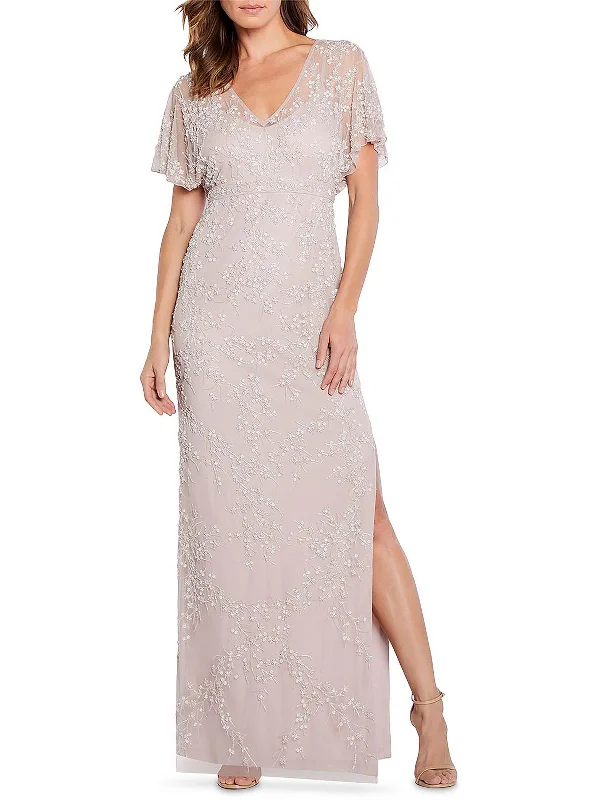 Bright Pink Party Dress for Bold Night -Womens Beaded V-neck Evening Dress