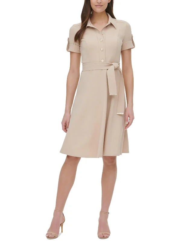 White Short Shirt Dress-Womens Belted Collar Shirtdress