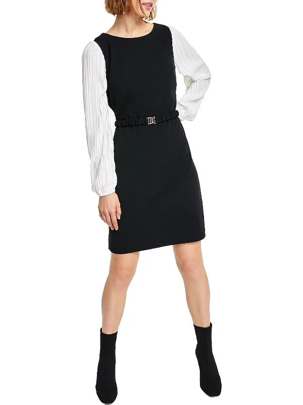 Color Block Work Dress for Office -Womens Belted Midi Wear to Work Dress