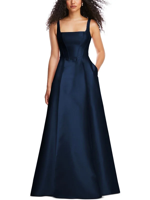 Off-the-Shoulder Ruffle Party Dress for Chic Look -Womens Boned Bodice Square Neck Evening Dress