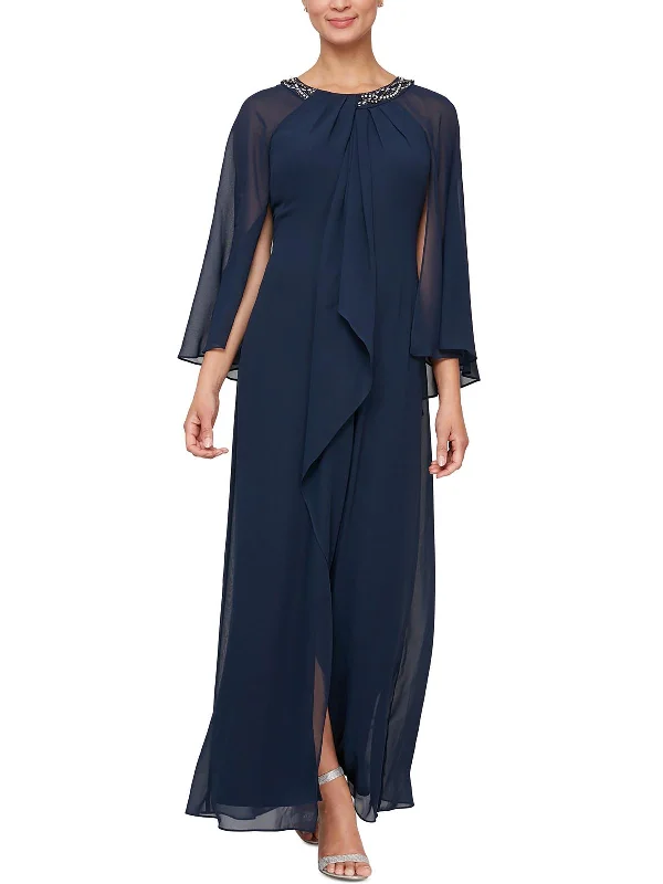 Casual Black Party Dress for Laid-back Party -Womens Chiffon Capelet Evening Dress