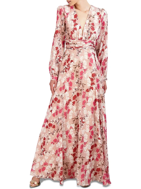 White Satin Party Dress for Elegant Affair -Womens Chiffon Floral Evening Dress