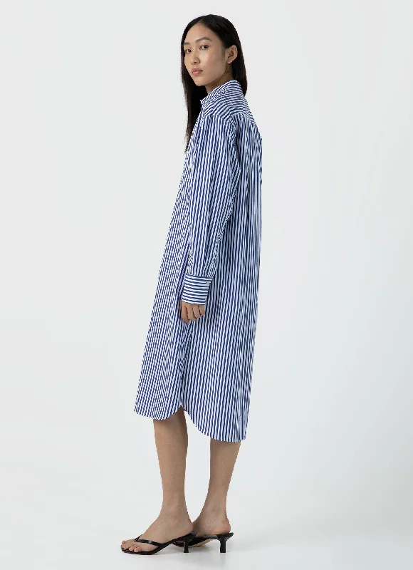 Women's Party Shirt Dress-Women's Cotton Poplin Shirt Dress in Bright Blue/White