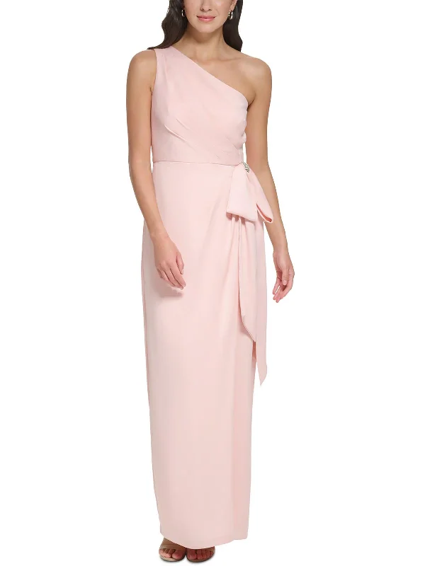 Lace Overlay Party Dress for Vintage Appeal -Womens Crepe One Shoulder Evening Dress Lace Overlay Party Dress for Vintage Appeal -Womens Crepe One Shoulder Evening Dress