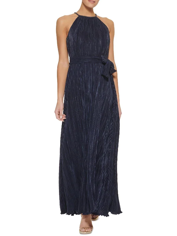 Metallic Blue Party Dress for Chic Night -Womens Crinkled Halter Evening Dress