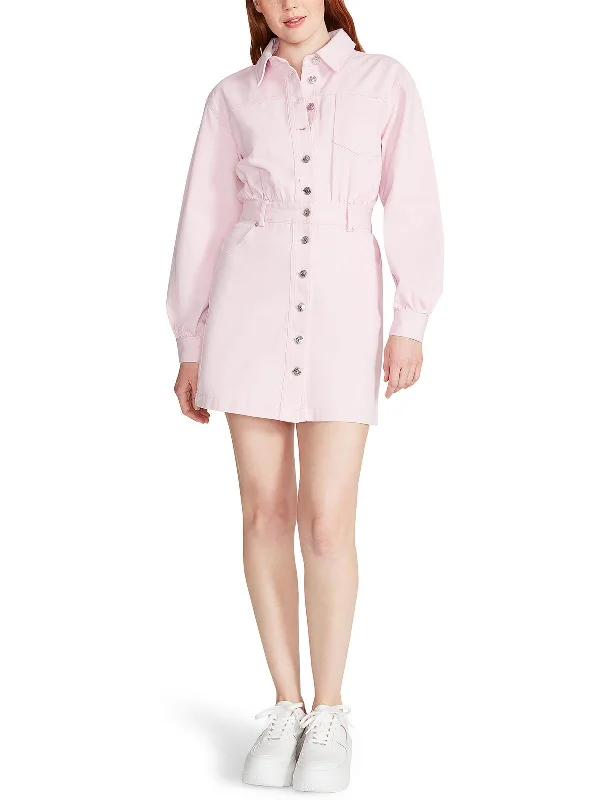 Comfortable Shirt Dress-Womens Denim Button-Down Shirtdress