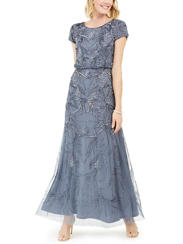 Satin Skirt Party Dress for Evening Look -Womens Embellished Blouson Evening Dress