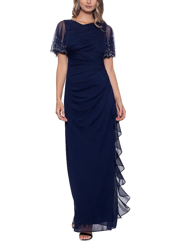 Green Satin Party Dress for Holiday Party -Womens Embellished Cascade Evening Dress