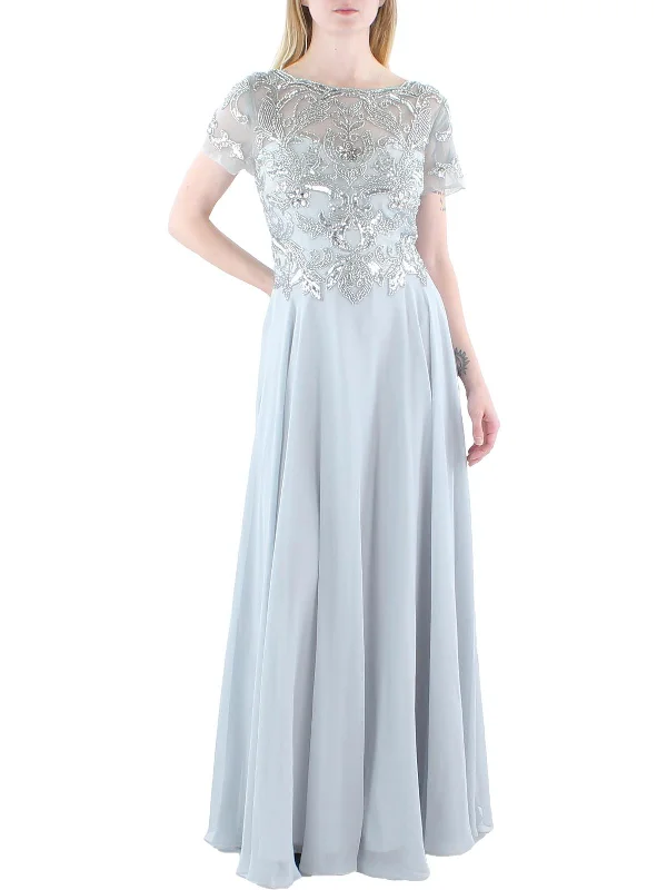 V-neck Silk Party Dress for Classic Look -Womens Embellished Chiffon Evening Dress
