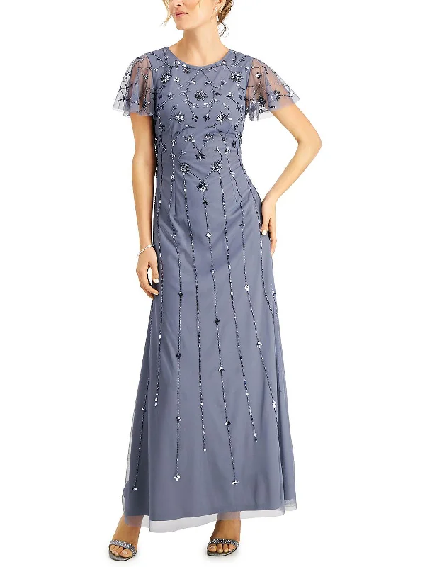Minimalist Party Dress for Understated Elegance -Womens Embellished Flutter Sleeve Evening Dress