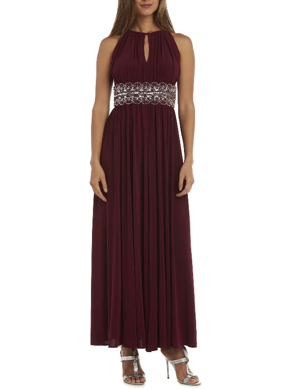 Elegant Pink Party Dress for Formal Gathering -Womens Embellished Halter Evening Dress