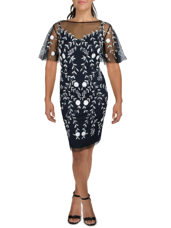 Ruffled Off-the-Shoulder Party Dress for Flirty Vibe -Womens Embellished Illusion Cocktail Dress