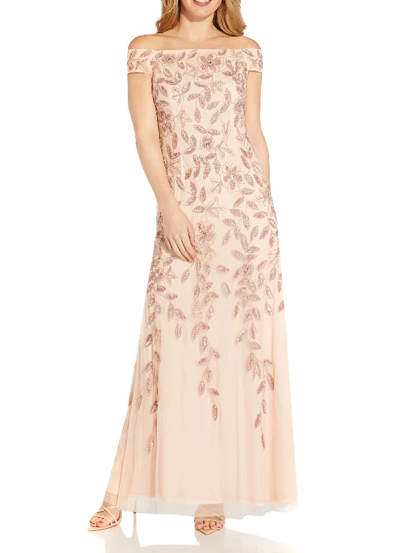 Beaded Strap Party Dress for Evening Glam -Womens Embellished Off-The-Shoulder Evening Dress