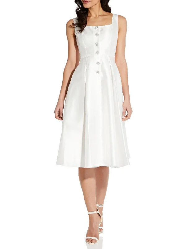 Satin Midi Party Dress for Special Occasion -Womens Embellished Pleated Cocktail and Party Dress