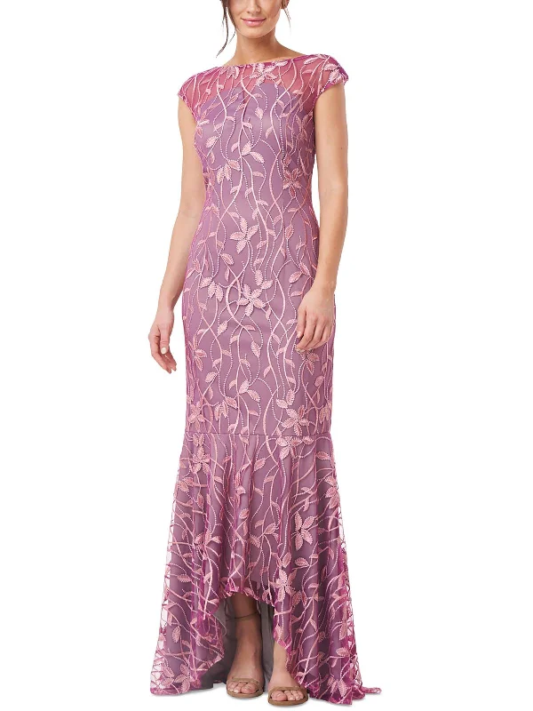 Cold Shoulder Party Dress for Elegant Vibe -Womens Embroidered Hi-Low Evening Dress