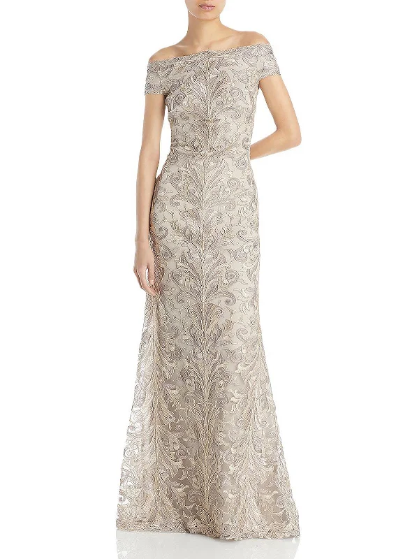 Off-the-Shoulder Sequin Party Dress -Womens Embroidered Lace Evening Dress