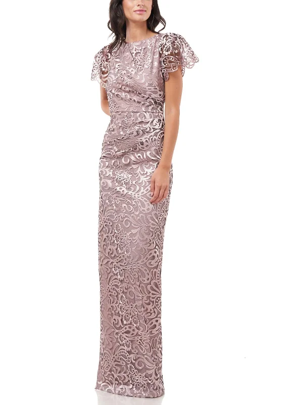 Puff Sleeve Sequin Party Dress for Fun Glam -Womens Embroidered Split Hem Evening Dress