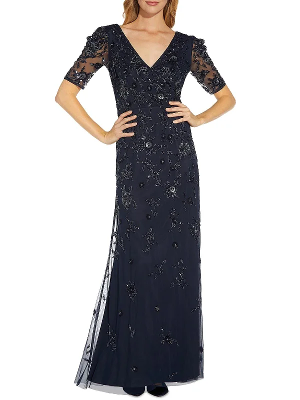 Satin Off-Shoulder Party Dress for Evening Glam -Womens Emellished Surplice Evening Dress