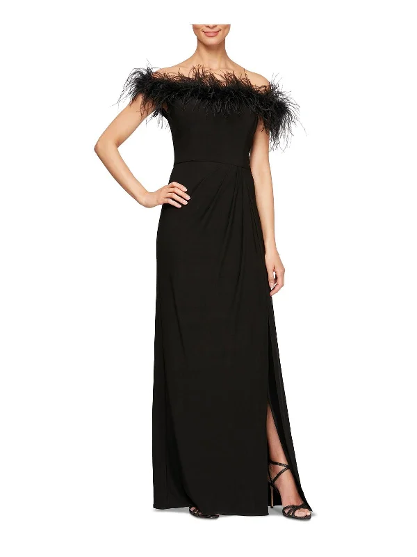 Chic Cold-Shoulder Party Dress for Evening Wear -Womens Faux Feather Trim Long Evening Dress