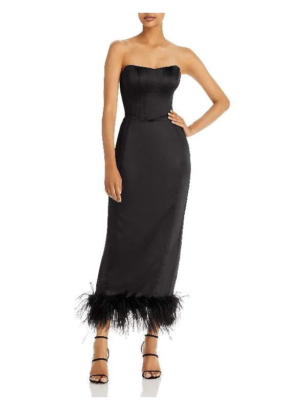 Bold Red Mini Party Dress for Evening Affair -Womens Faux Feather Trim Midi Cocktail and Party Dress