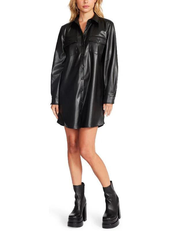Sleeveless Button-down Shirt Dress-Womens Faux Leather Mini Shirtdress