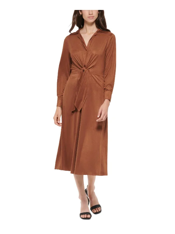 Women's Classic Shirt Dress-Womens Faux Suede Tea Shirtdress