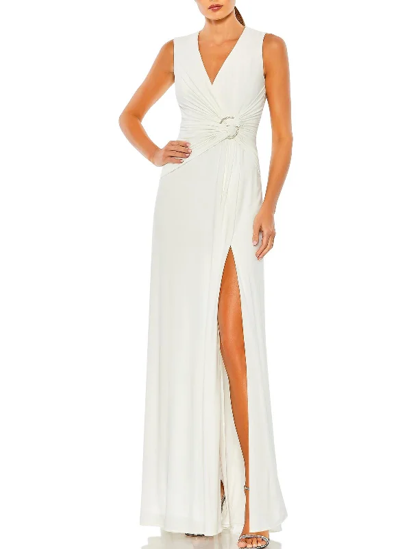Sheer Sleeve Party Dress for Elegant Look -Womens Faux Wrap Long Evening Dress