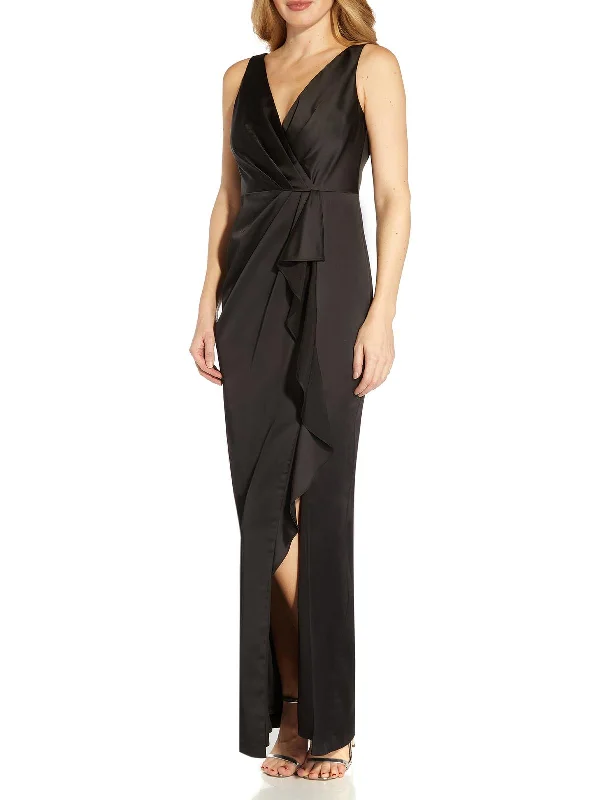 Lace Crossover Party Dress for Feminine Look -Womens Faux Wrap Pleated Evening Dress
