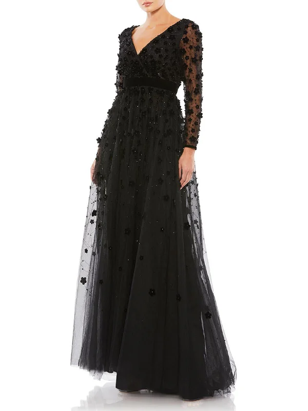 Long Sleeve Lace Party Dress for Winter Event -Womens Floral Applique Evening Dress