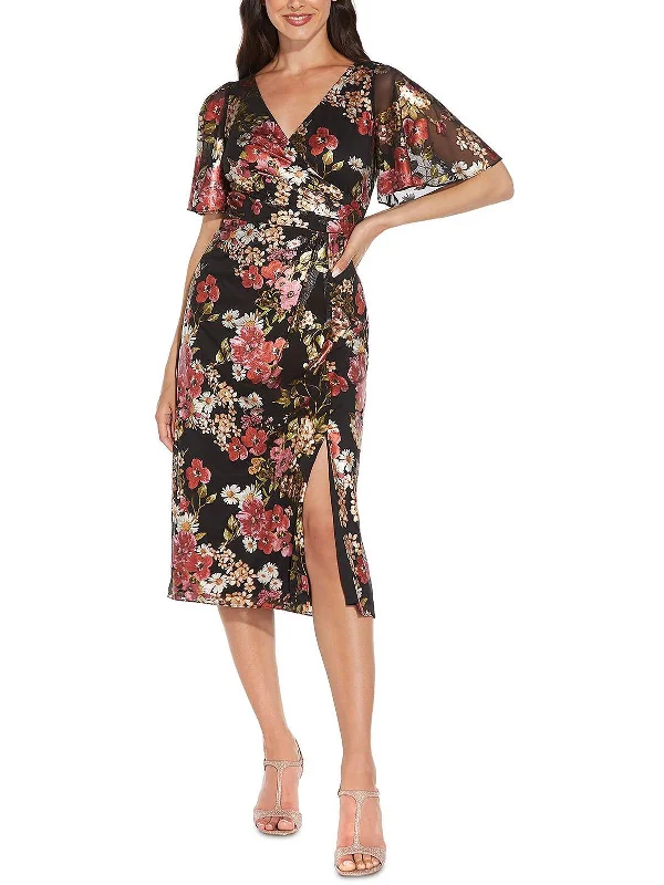 Bright Yellow Party Dress for Summer -Womens Floral Metallic Cocktail and Party Dress