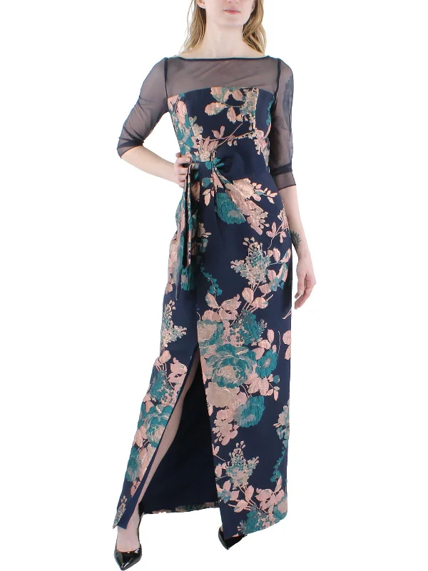 Satin Slip Dress for Sexy Evening Look -Womens Floral Metallic Evening Dress