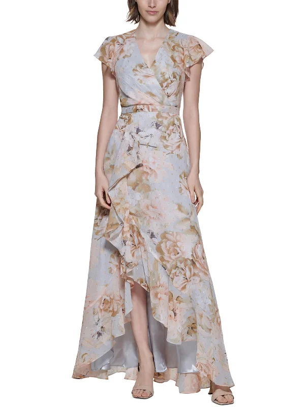 Satin Bias Cut Party Dress for Sleek Style -Womens Floral Print Ruffled Evening Dress