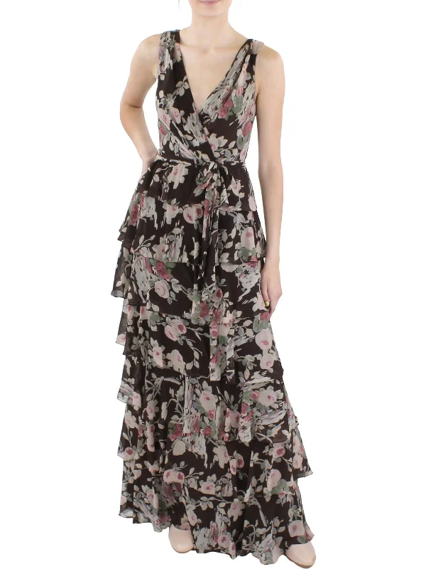 Silk Wrap Dress for Evening Glam -Womens Floral Tiered Evening Dress