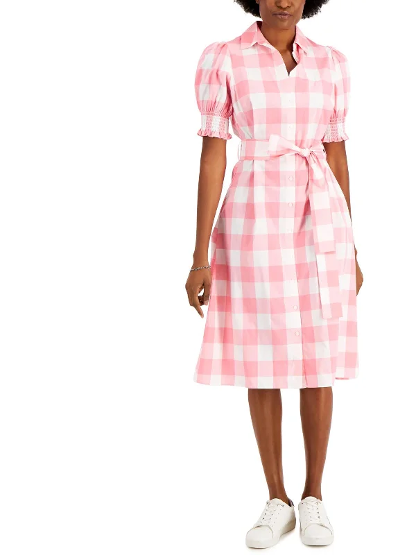Stylish Checkered Shirt Dress-Womens Gingham Puff Sleeve Shirtdress
