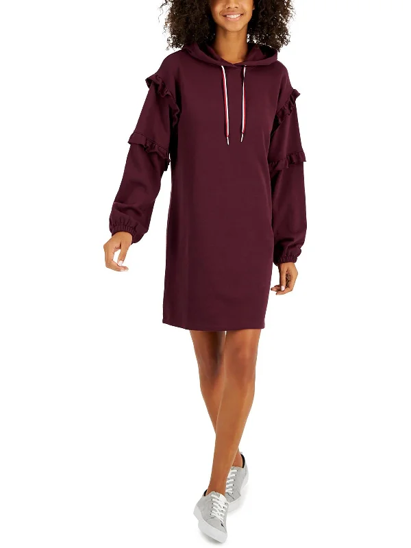 Women's Checkered Plaid Shirt Dress-Womens Hooded Ruffled Sweatshirt Dress