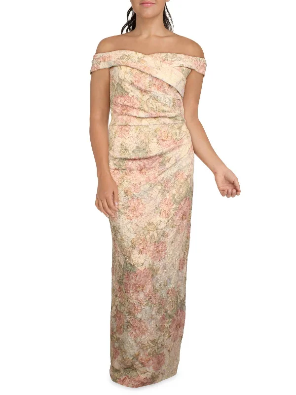 Midi-Length Party Dress for Evening Gatherings -Womens Jacquard Off-The-Shoulder Evening Dress