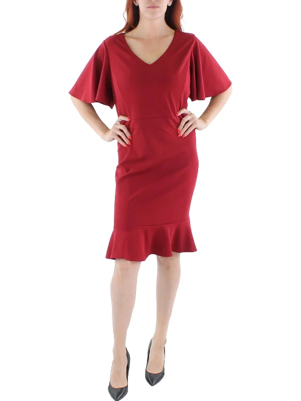 Trendy Black Bodycon Dress -Womens Knit Flutter Sleeves Sheath Dress