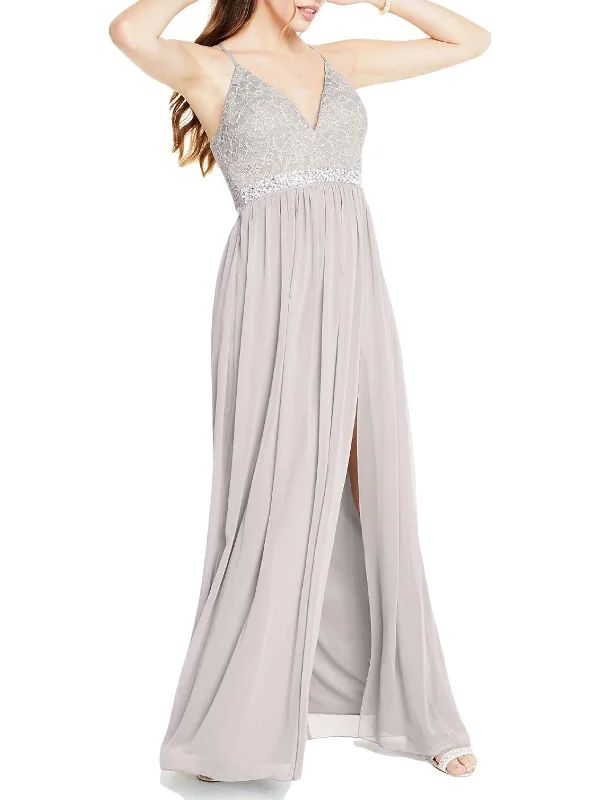 Green Satin Party Dress for Holiday Party -Womens Lace Bead Detail Evening Dress