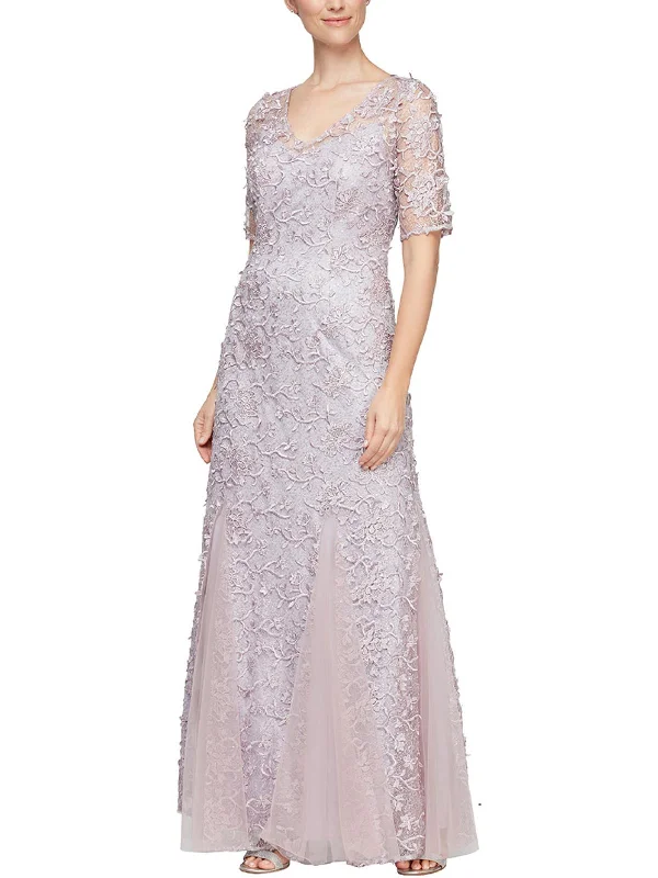 V-neck Silk Party Dress for Classic Look -Womens Lace Full Length Evening Dress