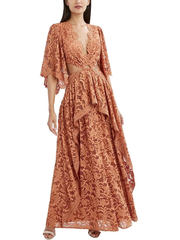 Short Sleeve Party Dress for Summer Gatherings -Womens Lace Maxi Evening Dress
