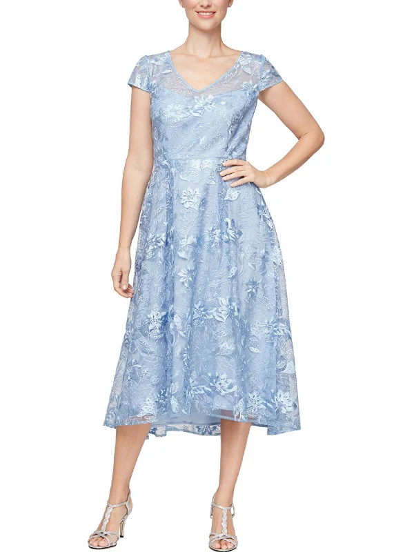 Button Detail Party Dress for Unique Touch -Womens Lace Overlay Mid Calf Evening Dress