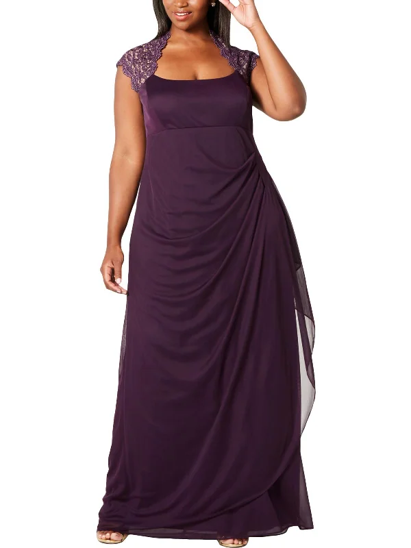 Trendy Yellow Party Dress for Summer Nights -Womens Lace Trim Gathered Evening Dress