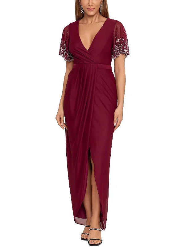 Satin Off-Shoulder Party Dress for Evening Glam -Womens Mesh Embellished Evening Dress