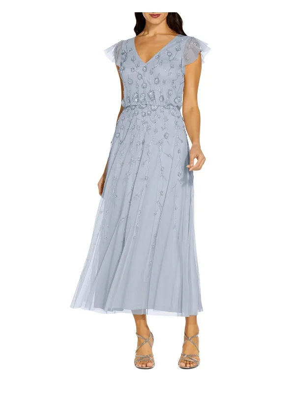 Elegant Burgundy Party Dress for Special Event -Womens Mesh Embellished Evening Dress