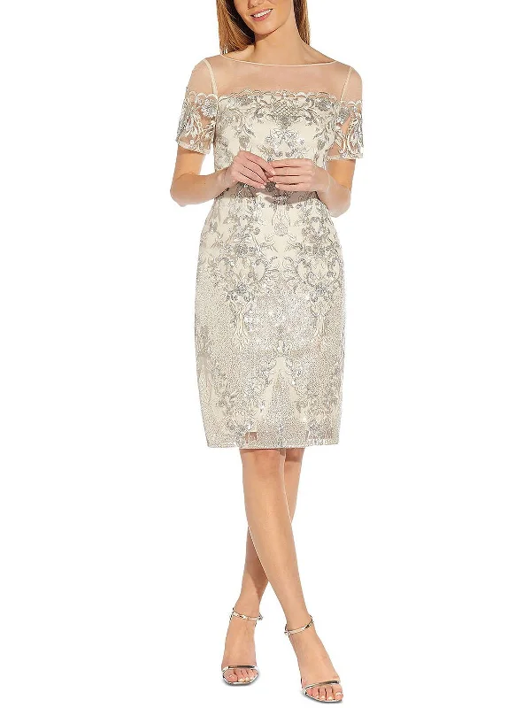 Fitted Satin Party Dress for Sleek Look -Womens Mesh Embroidered Cocktail and Party Dress