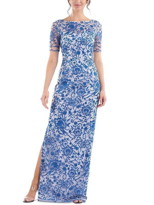 Blue Velvet Party Dress for Luxe Look -Womens Mesh Embroidered Evening Dress