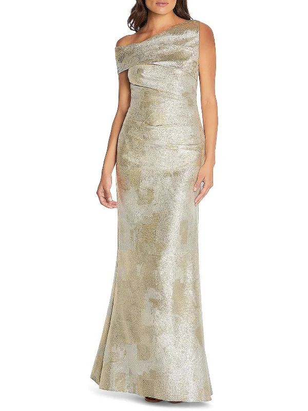 Satin Off-Shoulder Party Dress for Evening Glam -Womens Metallic Asymmetric Evening Dress