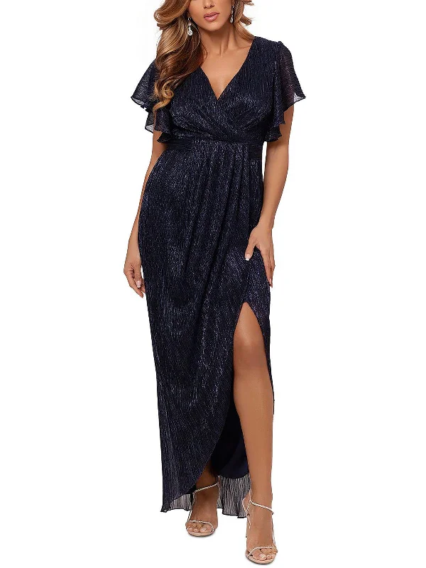 Trendy Yellow Party Dress for Summer Nights -Womens Metallic Faux-Wrap Evening Dress