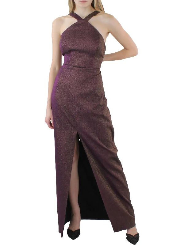 Bold Red Sequin Party Dress for Festive Style -Womens Metallic Halter Evening Dress